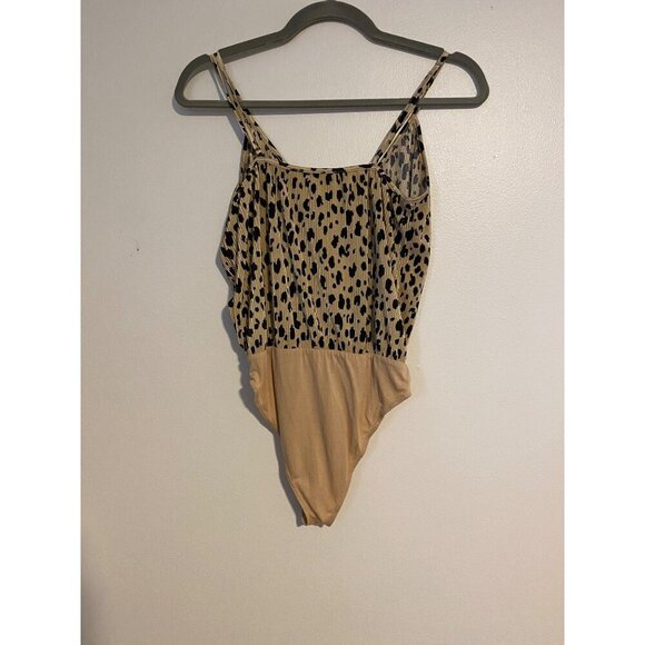 Wayf Womens Leopard Print Bodysuit XS Beige & Black Mock Wrap Front - Picture 2 of 8